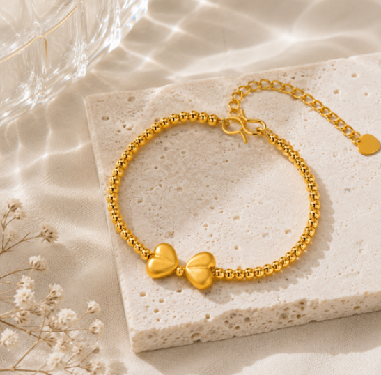 Gold Ribbon Bead Bracelet – Cute & Adjustable | BEIJE × LILY