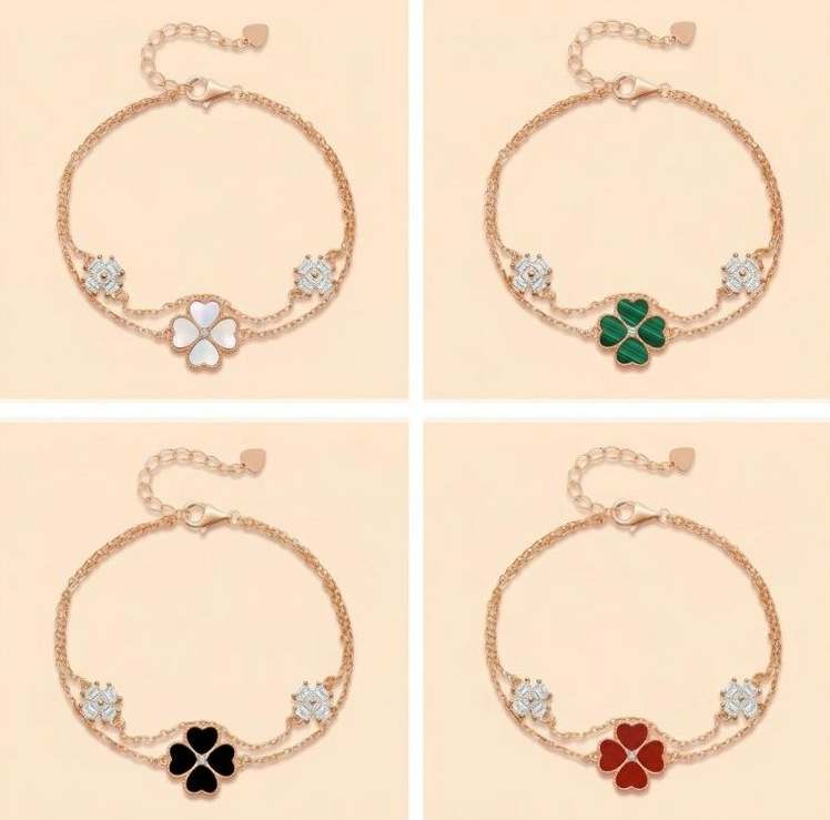 14K Gold Plated Lucky Four-Leaf Clover Layered Double-Strand Rose Gold Bracelet
