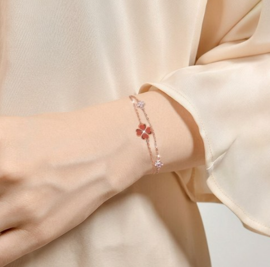14K Gold Plated Lucky Four-Leaf Clover Layered Double-Strand Rose Gold Bracelet