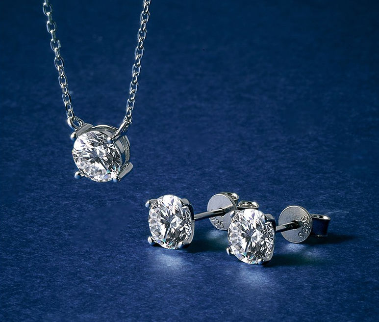 LILY GRA Certified Moissanite Diamond 4-Prong Necklace & Earring Set | 18K Gold Plated