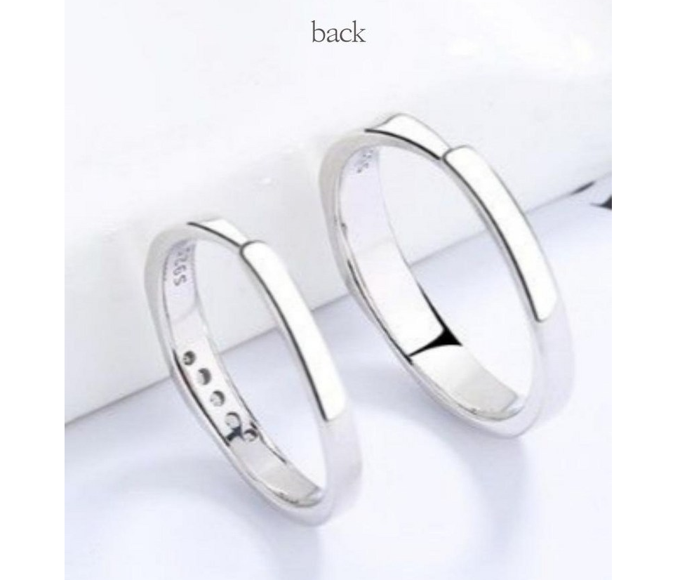 BAMUU couple ring set showcasing 14K rhodium plated his and hers rings from the back view.