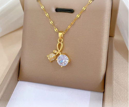 14K Gold Plated Ribbon Pendant Necklace for Women - Daily Point Accessory PG-03