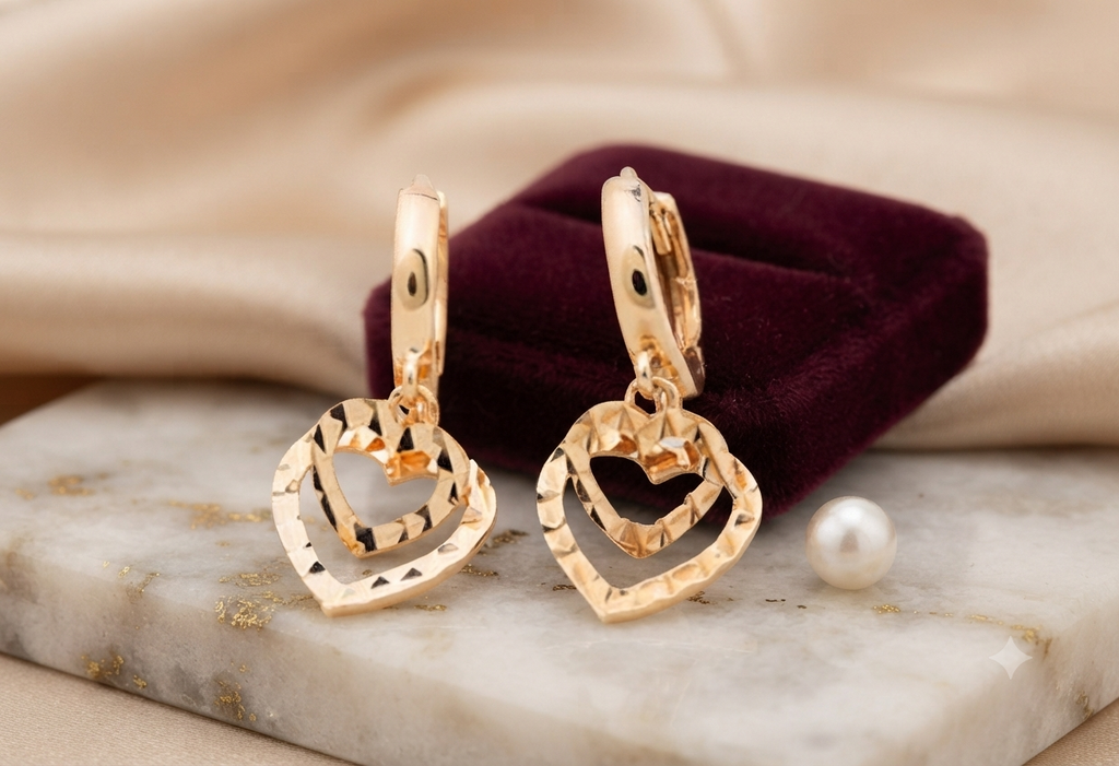 LILY 14K Gold Plated Cutting Heart Ring One-Touch Drop Earrings — With Gift Case
