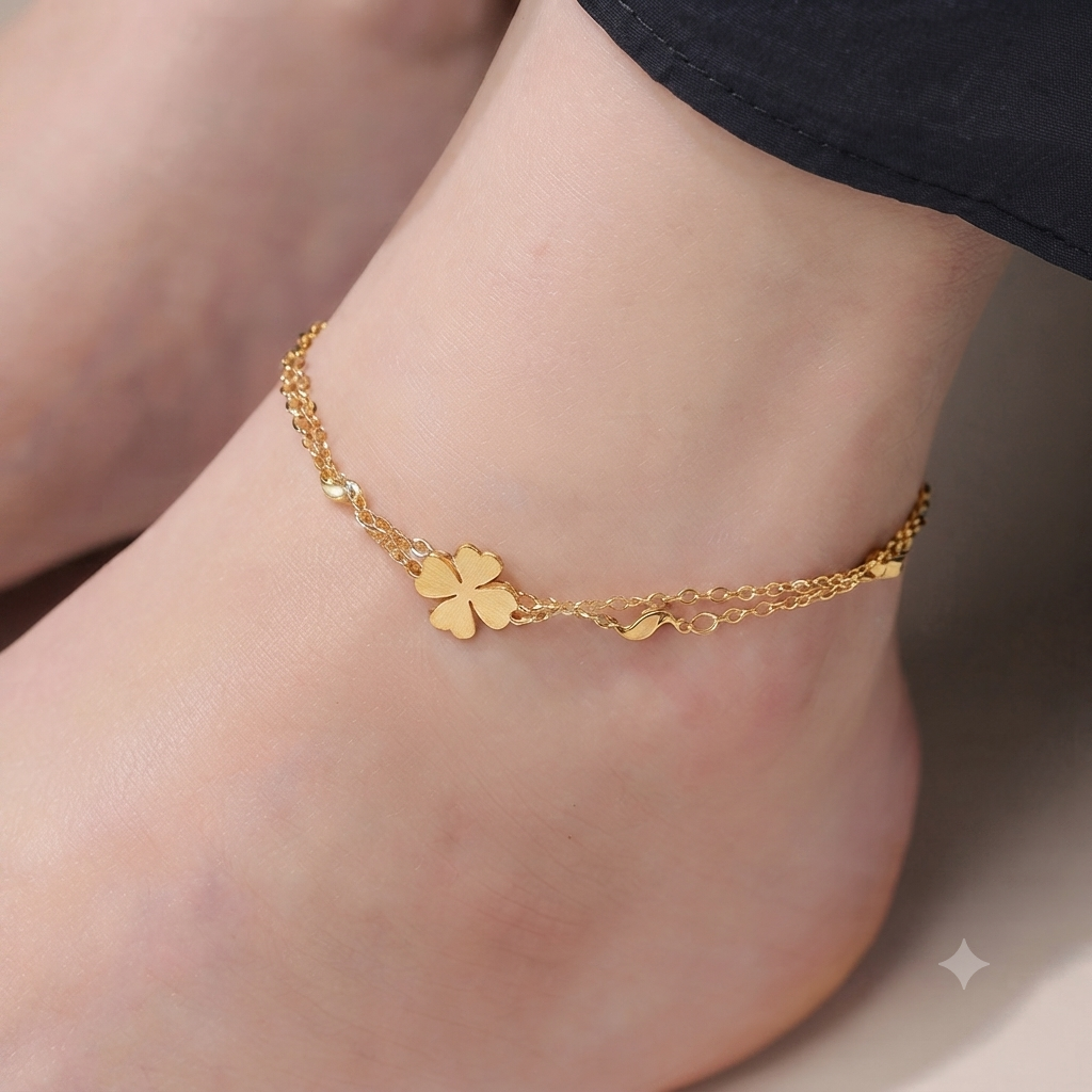 LILY 18K Gold Plated Four Leaf Clover Anklet — Women's Layered Daily Jewelry