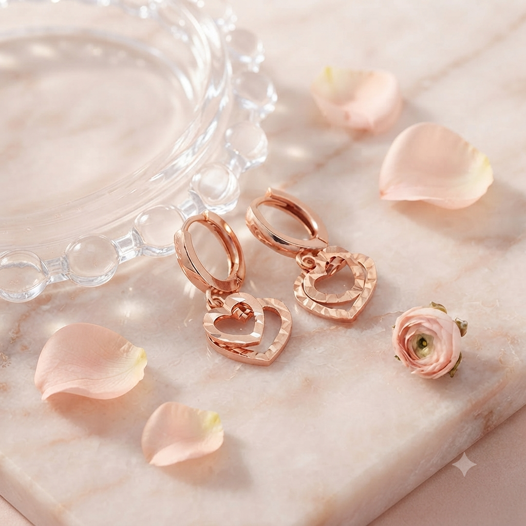 LILY 14K Gold Plated Cutting Heart Ring One-Touch Drop Earrings — With Gift Case