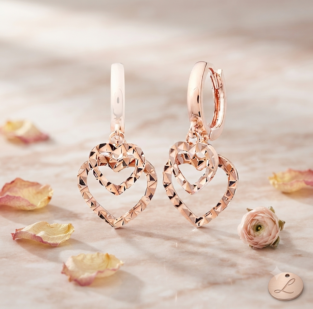 LILY 14K Gold Plated Cutting Heart Ring One-Touch Drop Earrings — With Gift Case